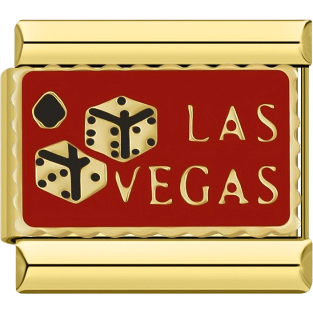 Gold rectangular Italian charm bracelet link featuring the words "LAS VEGAS" in gold letters on a red background, two gold and black dice, and a black spade symbol.